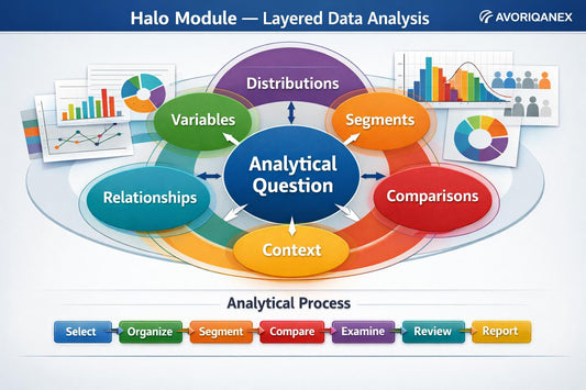 A digital infographic titled 'Halo Module — Layered Data Analysis' with the AVORIQANEX logo, showing a central blue 'Analytical Question' surrounded by colored circular labels for Distributions, Variables, Segments, Comparisons, Context, and Relationships. Below is an 'Analytical Process' sequence: Select, Organize, Segment, Compare, Examine, Review, Report.