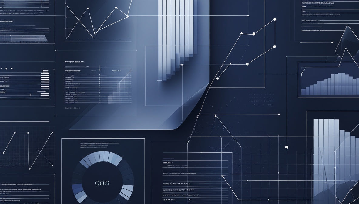 Abstract digital background featuring blue and navy data charts, graphs, line plots, and dashboard panels with a curled page effect in the center.