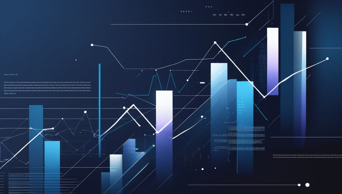 Abstract digital graphic featuring blue and purple bar charts, line graphs, and data visualizations on a dark navy background.