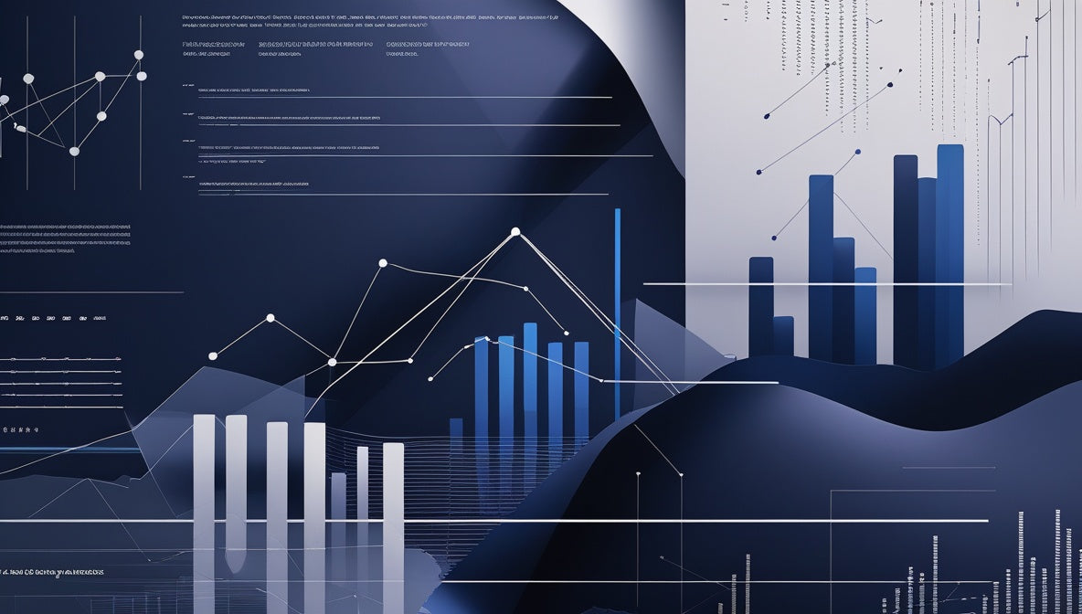 Abstract digital illustration featuring business analytics, including bar charts, line graphs, data points, and wave-like geometric forms in shades of navy, blue, and white.
