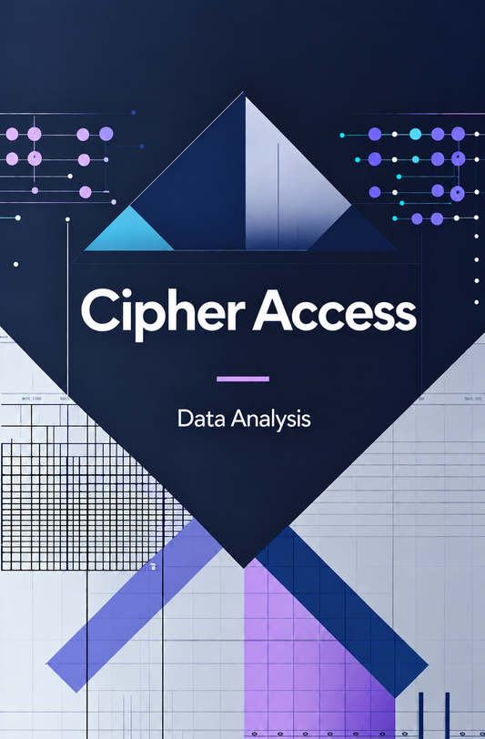 A digital cover graphic for 'Cipher Access Data Analysis' featuring a dark navy blue central diamond with white text, surrounded by abstract geometric shapes, grid patterns, and purple accents on a light background.