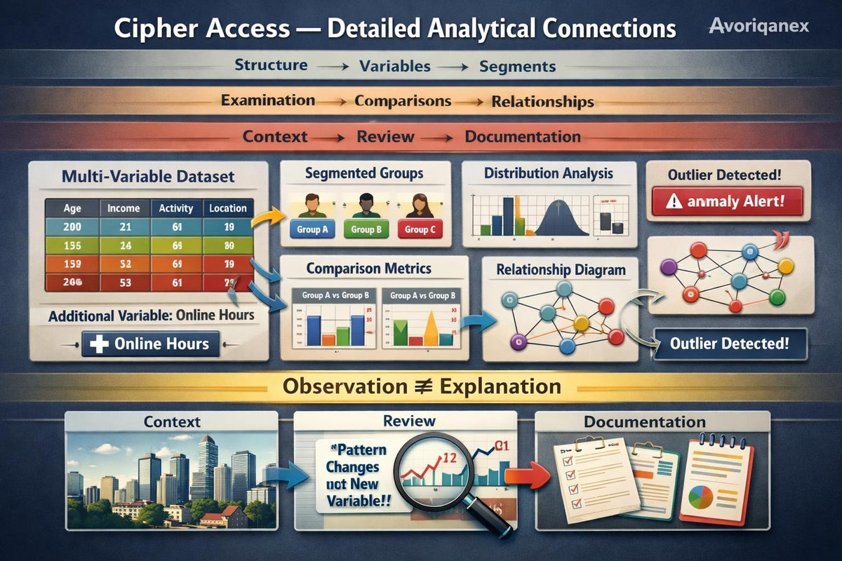 A digital infographic titled 'Cipher Access — Detailed Analytical Connections' by Avoriqanex, showing a workflow from multi-variable dataset to relationship diagram with city and document illustrations at the bottom.