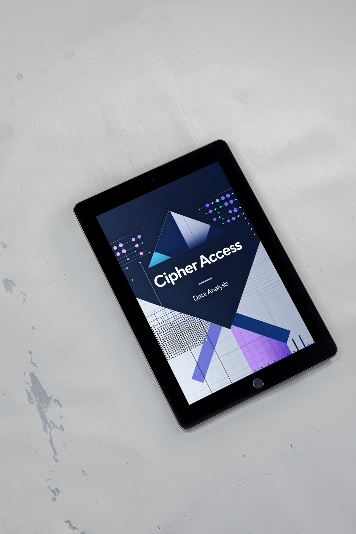 A black tablet device lying on a light gray textured surface, displaying a digital cover titled 'Cipher Access Data Analysis' with geometric navy, purple, white, and gray graphics.