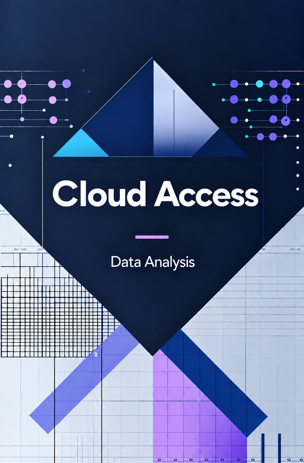 A digital graphic with the text 'Cloud Access' and 'Data Analysis' over abstract geometric shapes in dark blue, purple, and white, resembling a service or software cover.