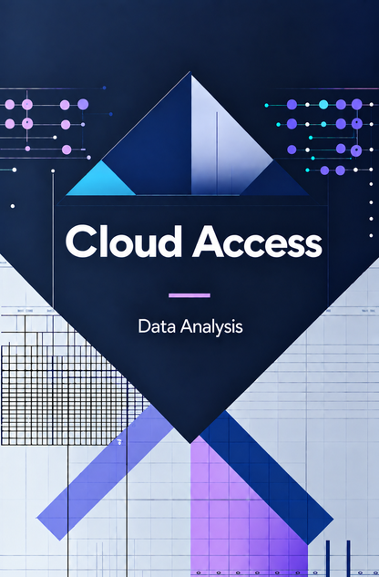 A digital graphic with the text 'Cloud Access' and 'Data Analysis' over abstract geometric shapes in dark blue, purple, and white, resembling a service or software cover.