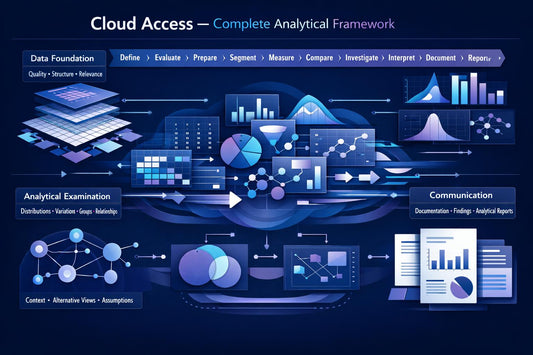 A dark blue infographic titled 'Cloud Access — Complete Analytical Framework' showing a workflow of data foundation, analytical examination, and communication with charts, graphs, and dashboard icons.