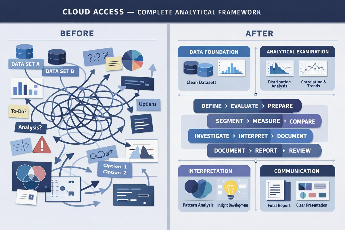 A digital infographic comparing a messy 'Before' data analysis workflow with a structured 'After' analytical framework. The left 'Before' side features tangled arrows, messy datasets, and a question mark, while the right 'After' side displays a clean, step-by-step process for data foundation, analytical examination, define, measure, segment, compare, investigate, interpret, document, report, and review.