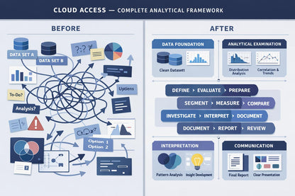 A digital infographic comparing a messy 'Before' data analysis workflow with a structured 'After' analytical framework. The left 'Before' side features tangled arrows, messy datasets, and a question mark, while the right 'After' side displays a clean, step-by-step process for data foundation, analytical examination, define, measure, segment, compare, investigate, interpret, document, report, and review.