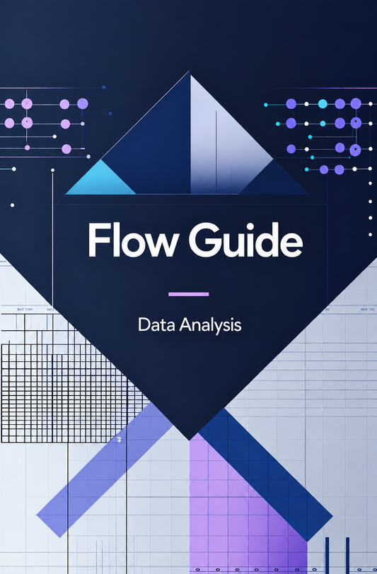 A digital cover graphic for a 'Flow Guide' on 'Data Analysis', featuring geometric shapes, charts, and graphs in shades of navy blue, purple, and white.