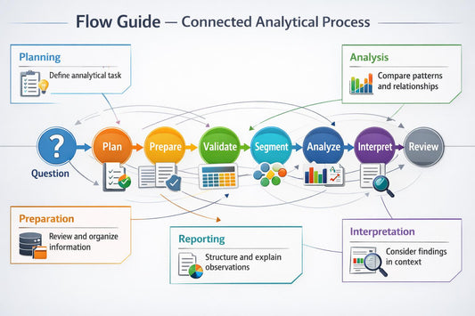 A flow chart titled 'Flow Guide — Connected Analytical Process' with colored process steps including Planning, Analysis, Preparation, Reporting, Interpretation, and Review, connected by arrows on a light gray background.