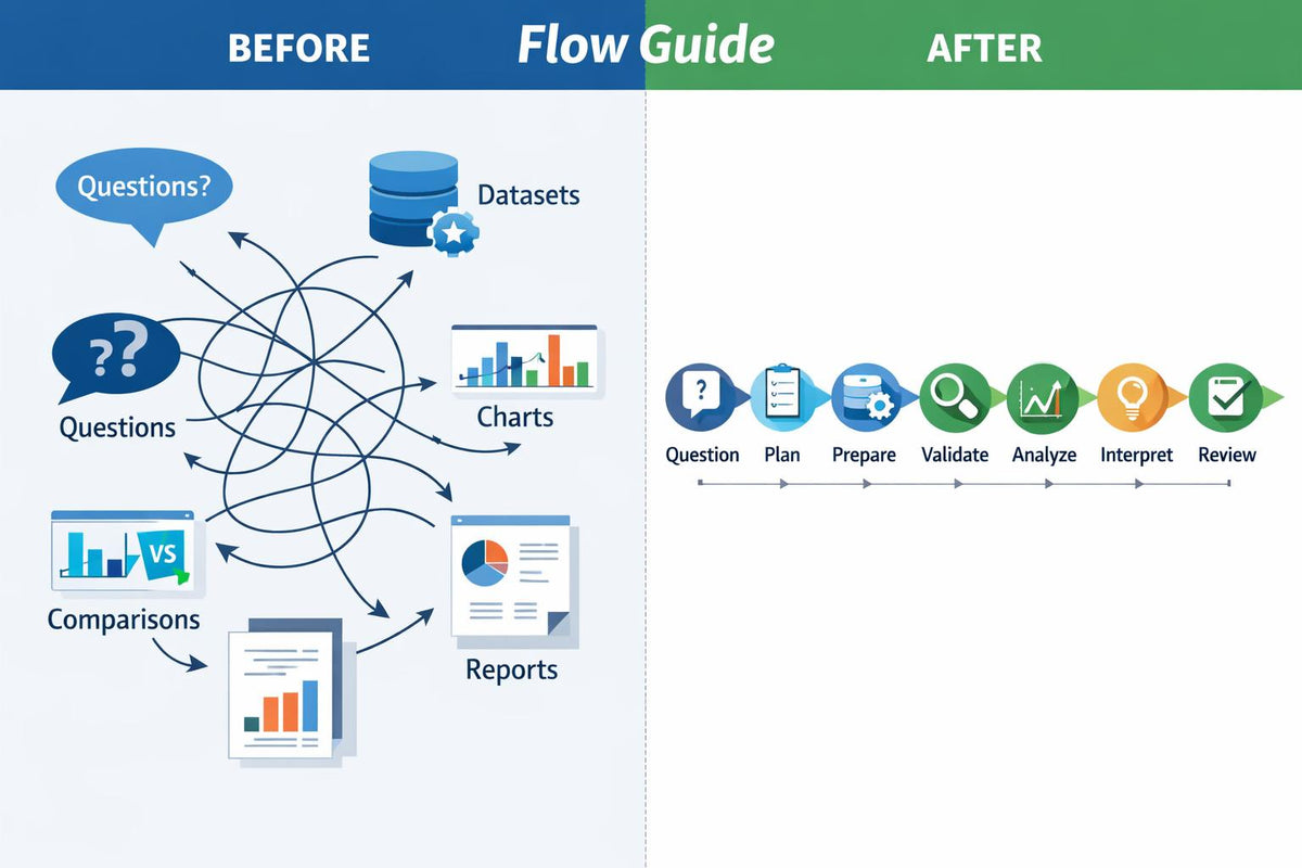A flow guide infographic comparing a 'Before' state with an 'After' state. The left side, labeled 'BEFORE', shows data flow from various sources like 'Questions', 'Datasets', 'Charts', and 'Comparisons' into a central network.