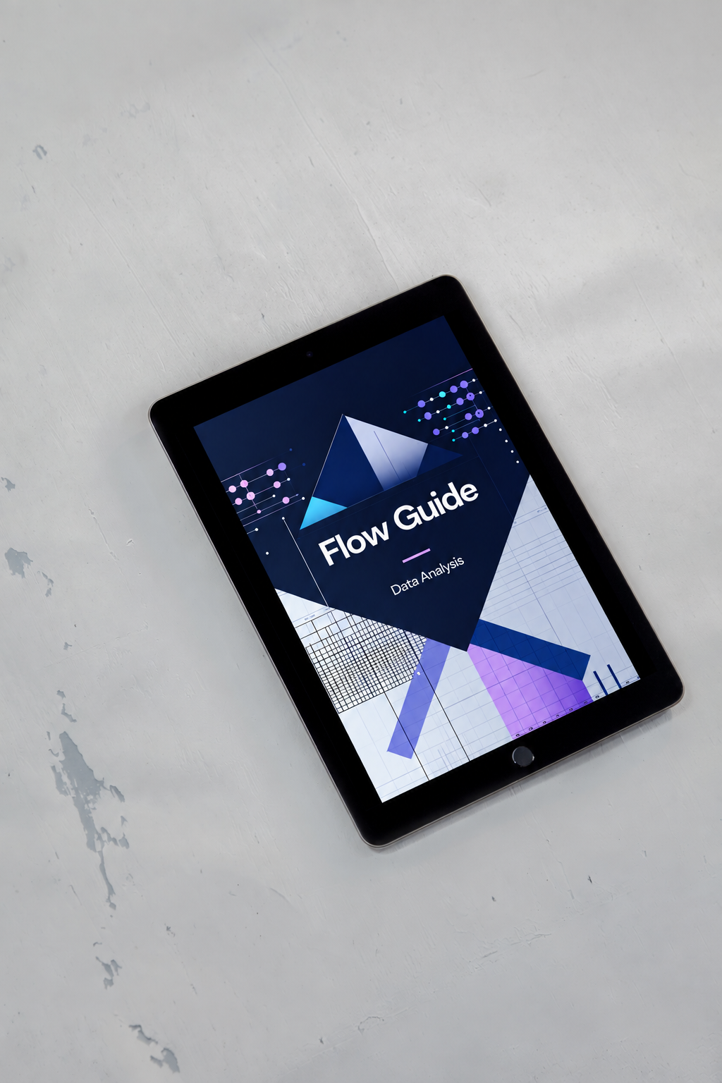 A black tablet device lying on a light gray textured surface, displaying a digital cover titled 'Flow Guide' with geometric blue, purple, and white graphics.