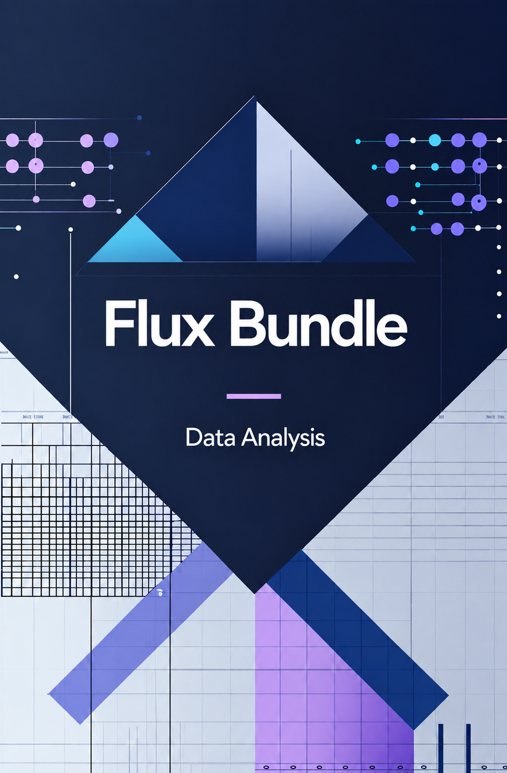 A digital cover graphic for a 'Flux Bundle' data analysis course or bundle, featuring geometric shapes, charts, and graphs in shades of navy blue, purple, and white.
