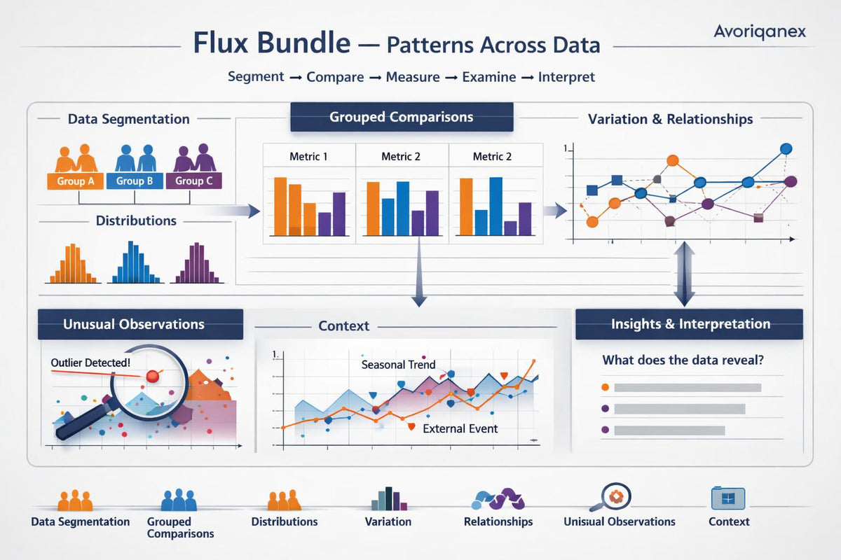 A business infographic titled 'Flux Bundle — Patterns Across Data' by Avoriqanex, displaying a multi-panel workflow diagram with charts, graphs, and data analysis concepts like data segmentation, grouped comparisons, distributions, variation and relationships, unusual observations, context, and insights.