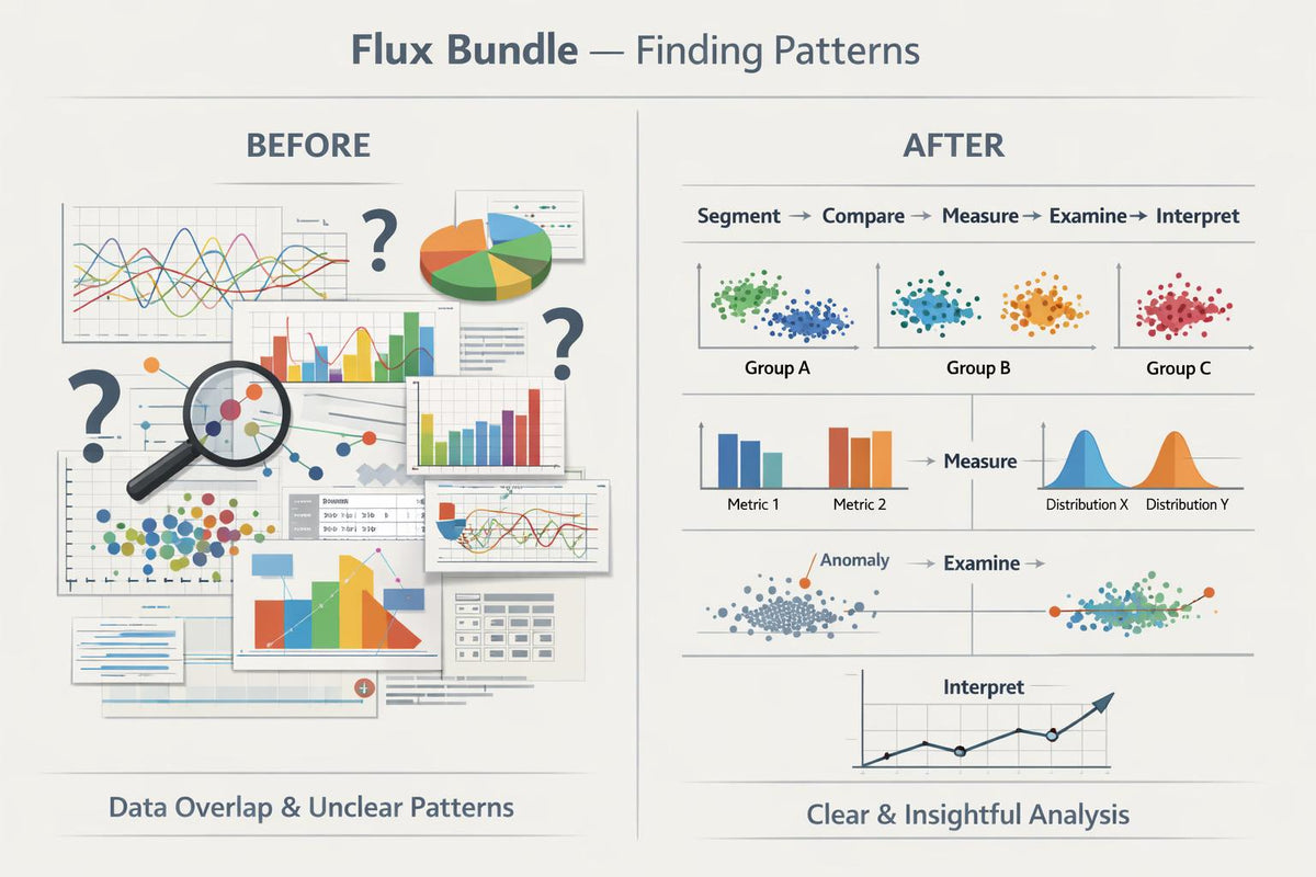 A promotional infographic titled 'Flux Bundle — Finding Patterns' comparing a 'Before' state cluttered with overlapping charts, graphs, and question marks, to an 'After' state organized into clear steps: Segment, Compare, Measure, Examine, and Interpret. The design uses a clean white background with multicolored charts, graphs, and icons.