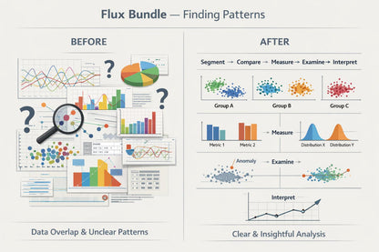 A promotional infographic titled 'Flux Bundle — Finding Patterns' comparing a 'Before' state cluttered with overlapping charts, graphs, and question marks, to an 'After' state organized into clear steps: Segment, Compare, Measure, Examine, and Interpret. The design uses a clean white background with multicolored charts, graphs, and icons.