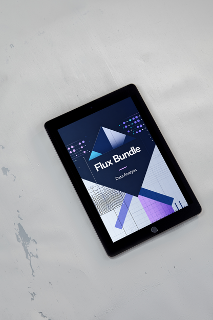 A black tablet device lying on a light gray textured surface, displaying a digital cover titled 'Flux Bundle — Data Analysis' with geometric blue, purple, and white graphics.
