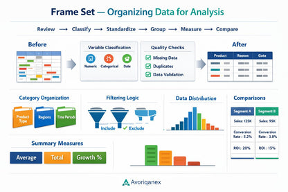 A business infographic titled 'Frame Set — Organizing Data for Analysis' with before-and-after data processing diagrams, category organization, filtering logic, data distribution, comparison tables, and summary measures. The Avqiranex logo appears at the bottom.
