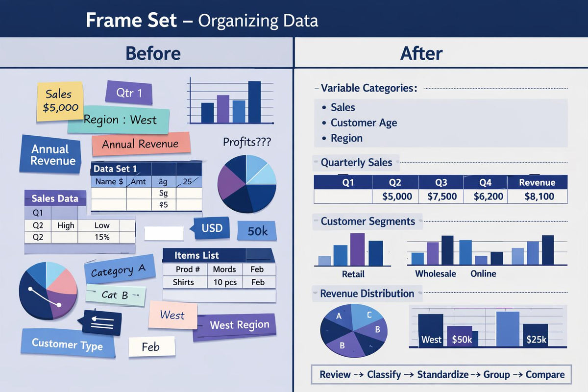 A digital infographic titled 'Frame Set - Organizing Data' showing a 'Before' and 'After' comparison of data organization. The left 'Before' section displays messy, unstructured sales and customer data tables, charts, and labels.