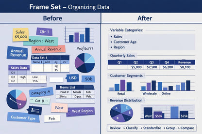 A digital infographic titled 'Frame Set - Organizing Data' showing a 'Before' and 'After' comparison of data organization. The left 'Before' section displays messy, unstructured sales and customer data tables, charts, and labels.