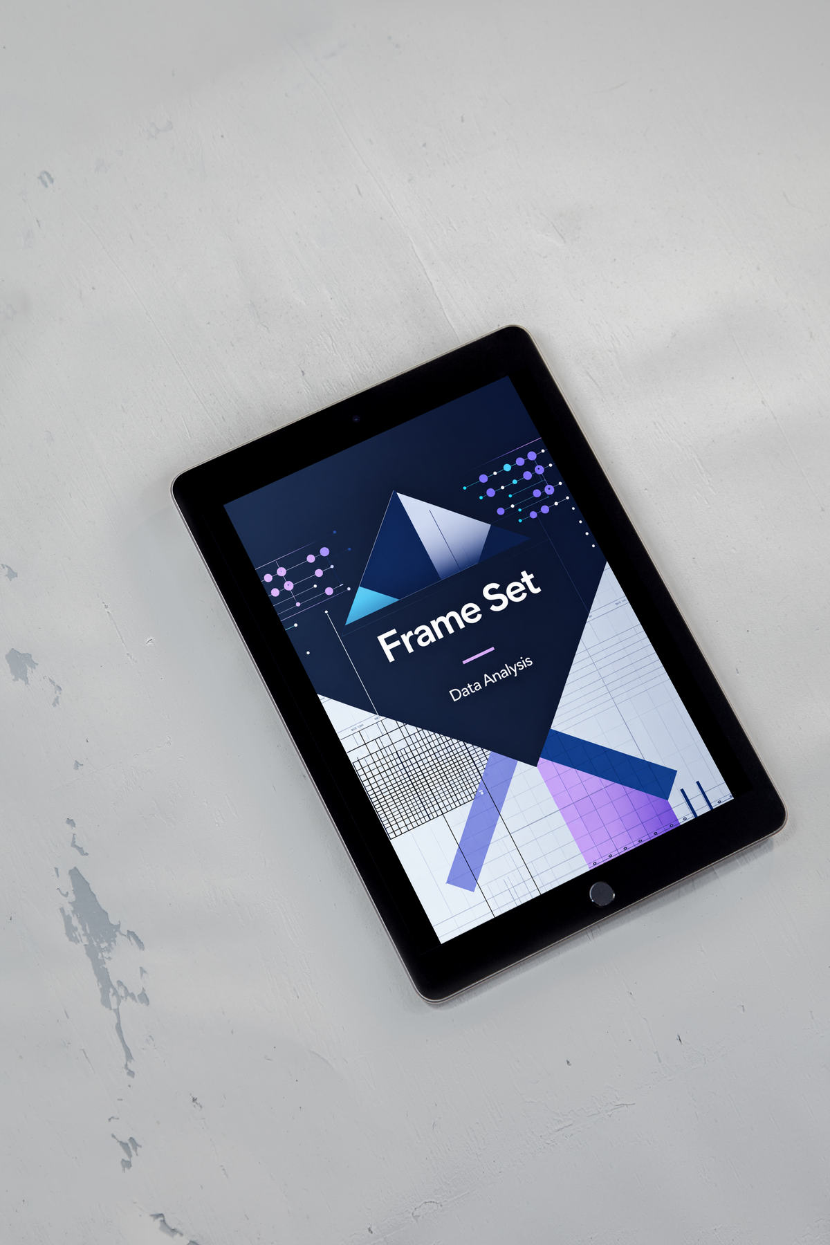 A black tablet device lying on a light gray textured surface, displaying a cover graphic for a course or dataset titled 'Frame Set - Data Analysis'.