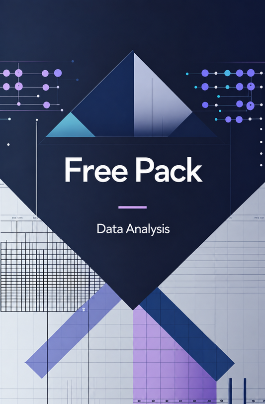 Digital cover graphic for a 'Free Pack Data Analysis' template, featuring geometric shapes, charts, and graphs in shades of navy, purple, and white.