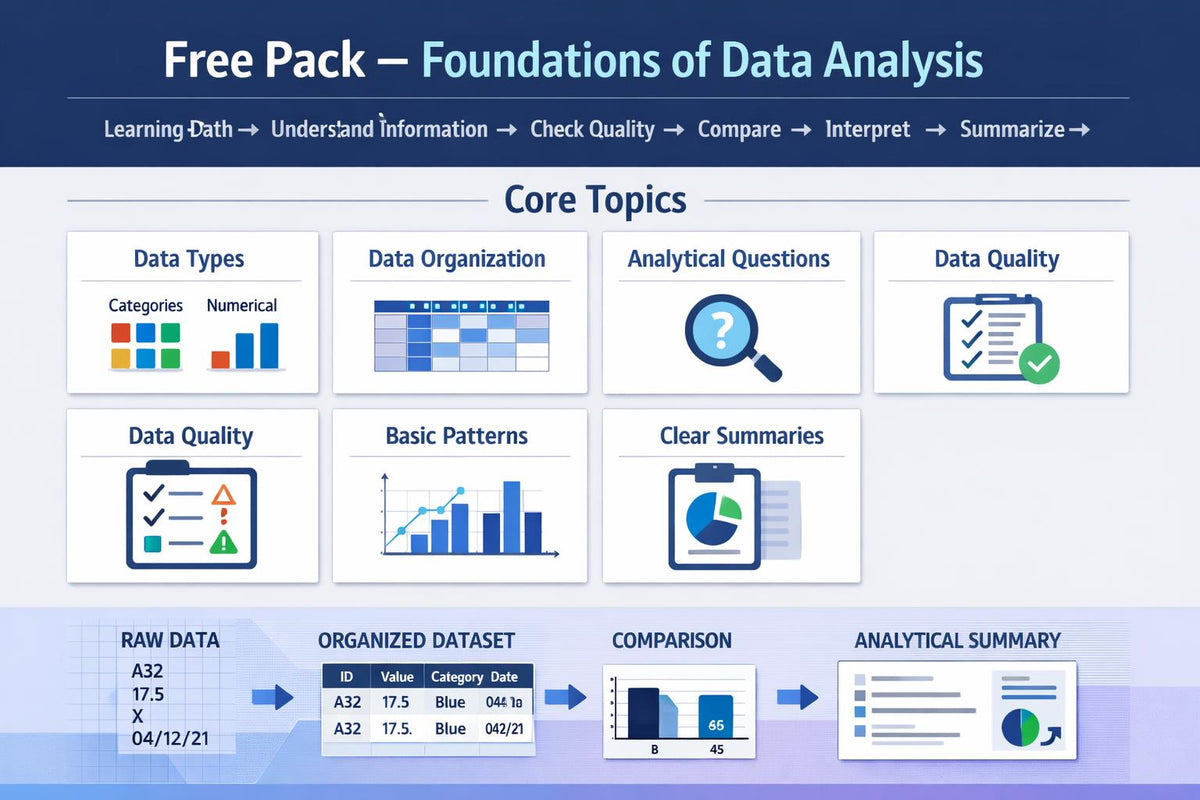 An educational infographic titled 'Free Pack — Foundations of Data Analysis' with a dark blue header and a light blue gradient footer. It outlines core topics like data types, data organization, analytical questions, and data quality, along with a workflow from raw data to analytical summary, using icons and small diagrams.