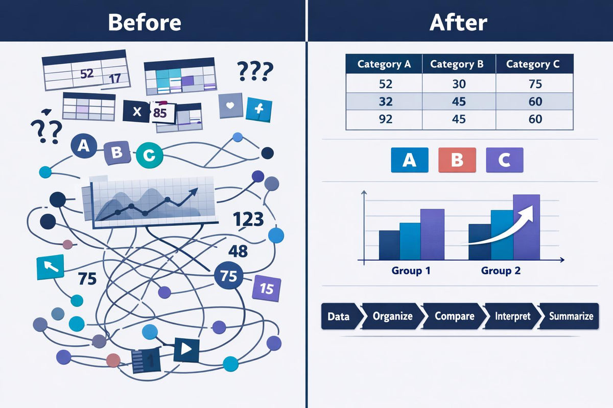 A side-by-side comparison graphic labeled 'Before' and 'After' showing a messy, cluttered dashboard layout on the left and an organized, clean dashboard layout on the right with tables, colored category labels, and bar charts.