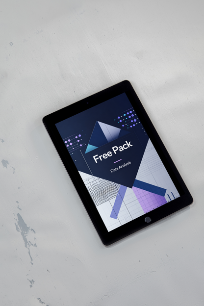 A black tablet device lying on a light gray textured surface, displaying a digital cover titled 'Cipher Access Data Analysis' with geometric navy, purple, white, and gray graphics.