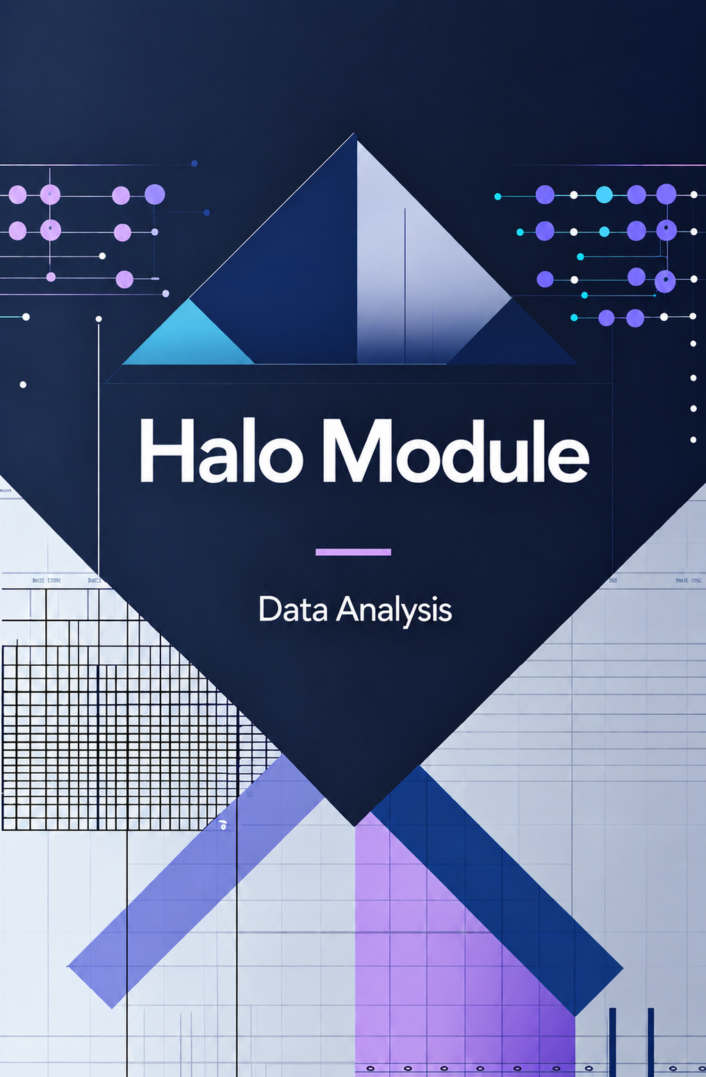 A digital cover graphic for a 'Halo Module - Data Analysis' featuring geometric shapes, charts, and graphs in shades of navy, blue, purple, and white.