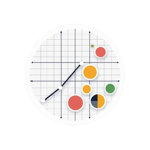 A minimalist round wall clock with a white face, black grid lines, and abstract colored dots and a black clock hand, shown on a plain white background.
