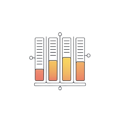 A minimalist line icon of four graduated cylinders or test tubes containing orange and yellow liquid, arranged on a horizontal scale against a solid white background.
