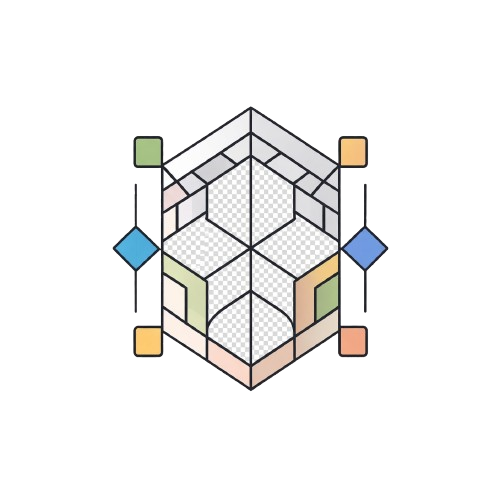 A stylized geometric cube illustration with a checkered transparency pattern on the center panels, outlined in black and decorated with small pastel blocks in green, blue, orange, and peach on a plain white background.