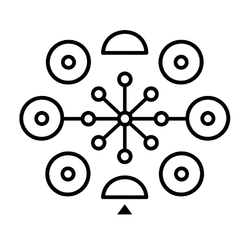 A black geometric line-art icon depicting a central hub with radiating lines and surrounding target-like circles, on a plain white background.
