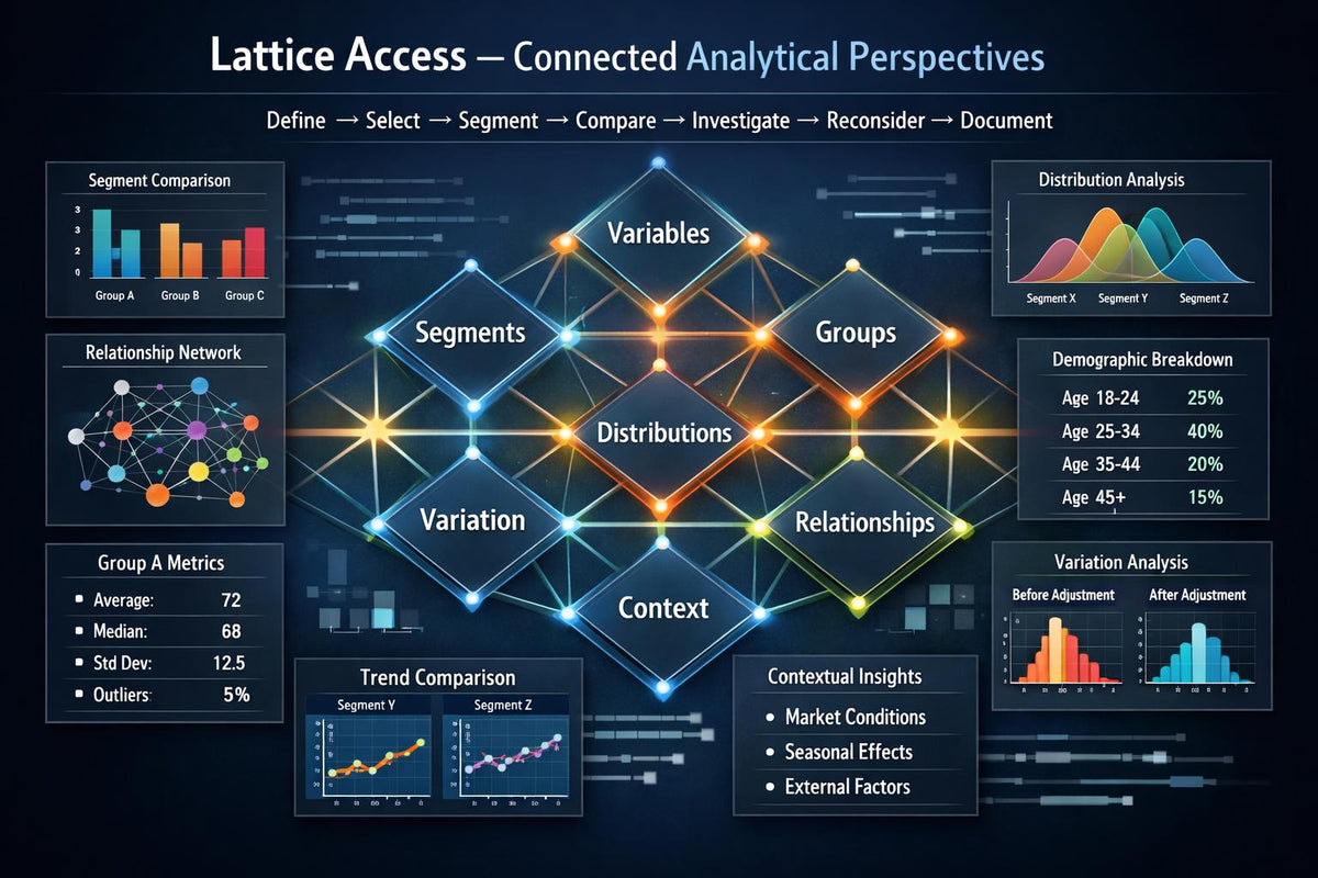 A dark navy digital infographic titled 'Lattice Access — Connected Analytical Perspectives' with glowing orange and blue nodes, charts, tables, and network diagrams explaining segmentation, distributions, demographics, and variation metrics.