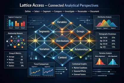 A dark navy digital infographic titled 'Lattice Access — Connected Analytical Perspectives' with glowing orange and blue nodes, charts, tables, and network diagrams explaining segmentation, distributions, demographics, and variation metrics.