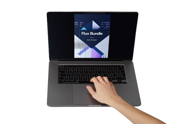 A gray laptop with a hand resting on the trackpad, displaying a digital course cover titled 'Flux Bundle' on the screen against a plain white background.