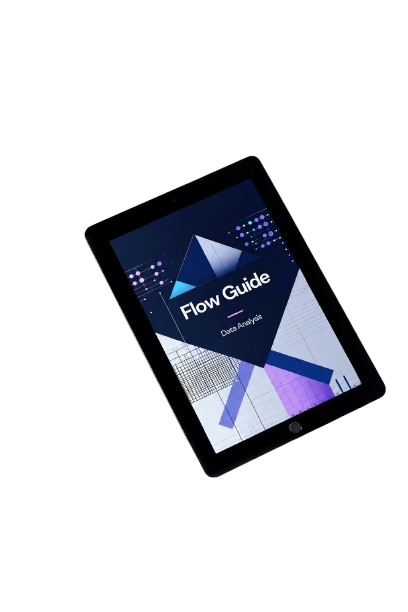 A black tablet device shown at an angle on a plain white background, with its screen displaying a dark blue and purple geometric cover titled "Flow Guide" and smaller text reading "Data Analysis.".