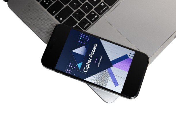 A black smartphone lying diagonally across the open corner of a silver laptop on a clean white background. The phone screen displays a dark-themed interface with the text 'Ciphertext Access' and abstract geometric graphics in blue, purple, and white.