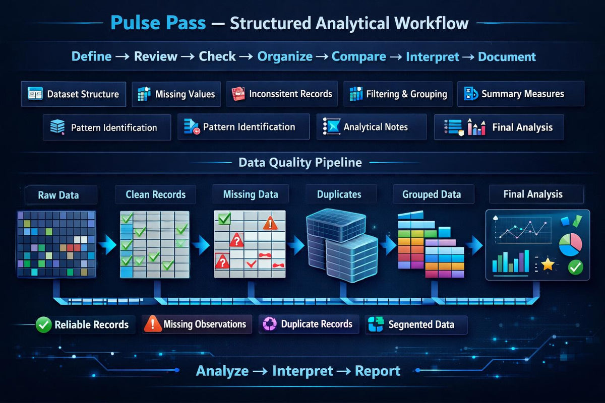 A dark blue infographic titled 'Pulse Pass — Structured Analytical Workflow' showing a data processing pipeline from raw data to final analysis, with labeled steps such as define, review, check, organize, compare, interpret, and document. The design uses bright blue, white, and teal accents on a black background.