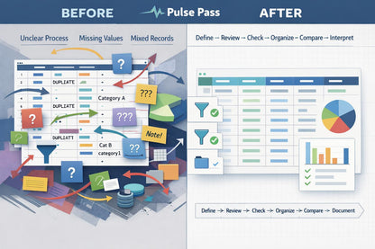 A before-and-after infographic comparing a messy data entry screen labeled 'BEFORE' with a clean, organized dashboard labeled 'AFTER' under the heading 'Pulse Pass'. The left side shows a cluttered spreadsheet with question marks, arrows, and colored sticky notes.