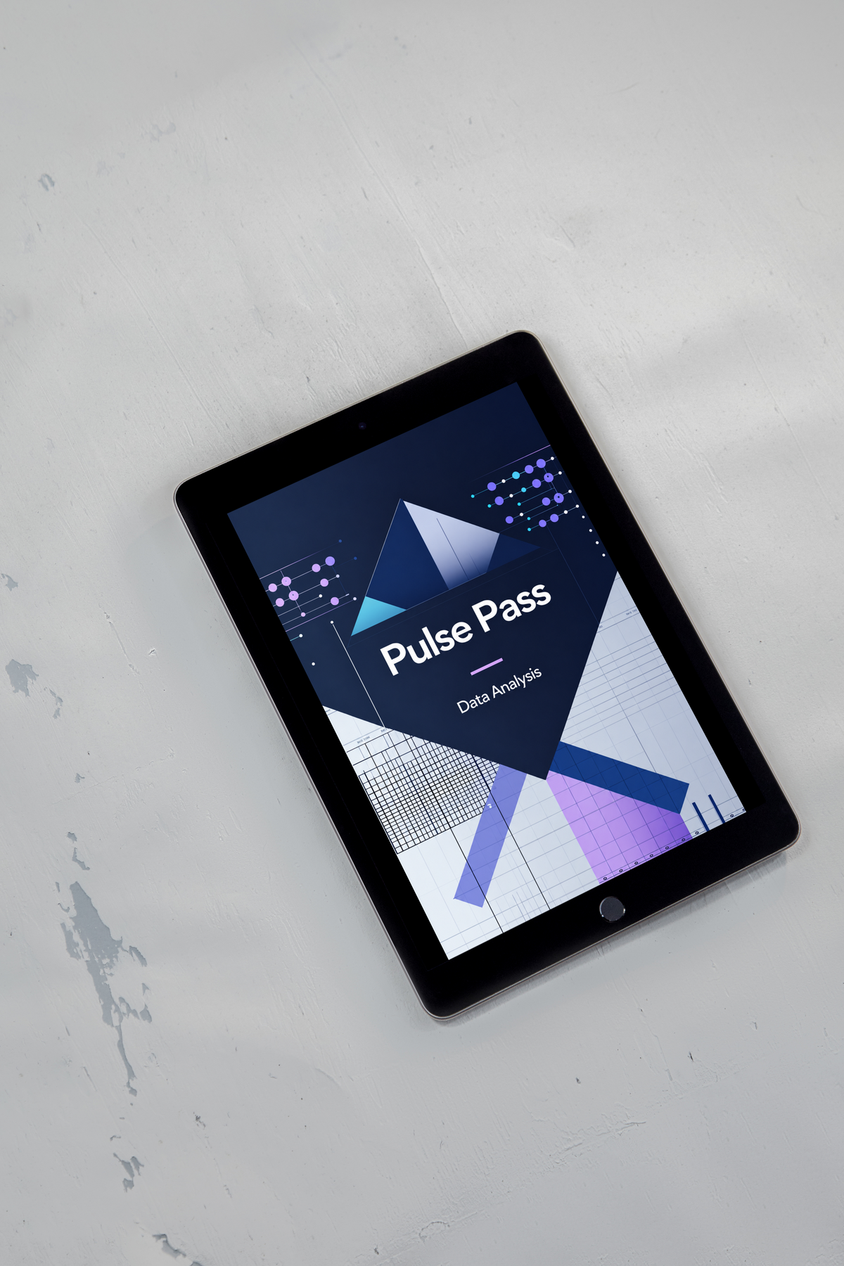 A black tablet device lying on a light gray textured surface, displaying a digital cover titled 'Lattice Access — Data Analysis' with geometric blue, purple, and white graphics.