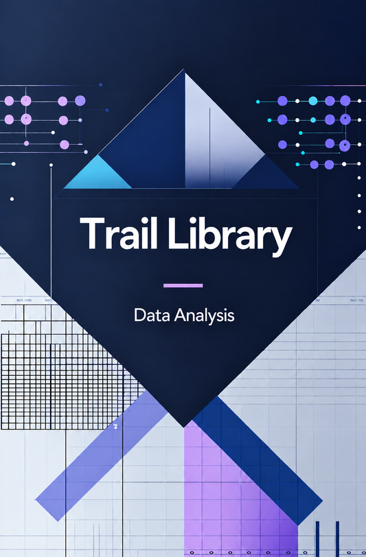 A digital cover graphic for 'Trail Library Data Analysis' featuring a dark navy blue central diamond with white text, surrounded by abstract geometric shapes, charts, and grid patterns in shades of blue, purple, and white.