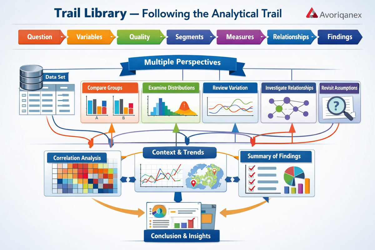 A process flowchart titled 'Trail Library — Following the Analytical Trail' with the Avoriqanex logo at the top right. The diagram shows multiple analytical steps and perspectives such as Question, Variables, Quality, Segments, Measures, Relationships, Findings, Data Set, Compare Groups, Examine Distributions, Review Variation, Investigate Relationships,